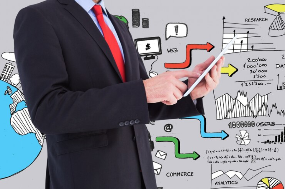 Elegant businessman with a tablet and background graphics entire sales process, sales success