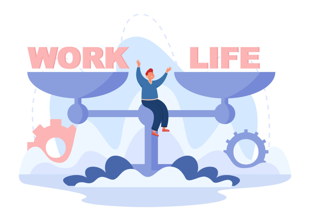 Happy man sitting on scales with words work and life. Finding balance between career or financial success and relationships or family vector illustration. Lifestyle, time management concept for banner