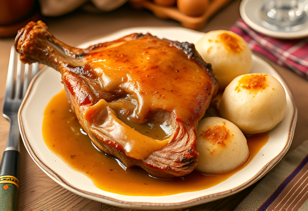 Schweinshaxe roast_pork_knuckle_served_with_a_side_of_potato_dumplings_and_gravy.png