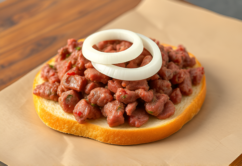 mettbrötchen_minced_paste_of_small_pieces_on_3_slices_of_bread_with_2_raw_white_onion_rings_on_top