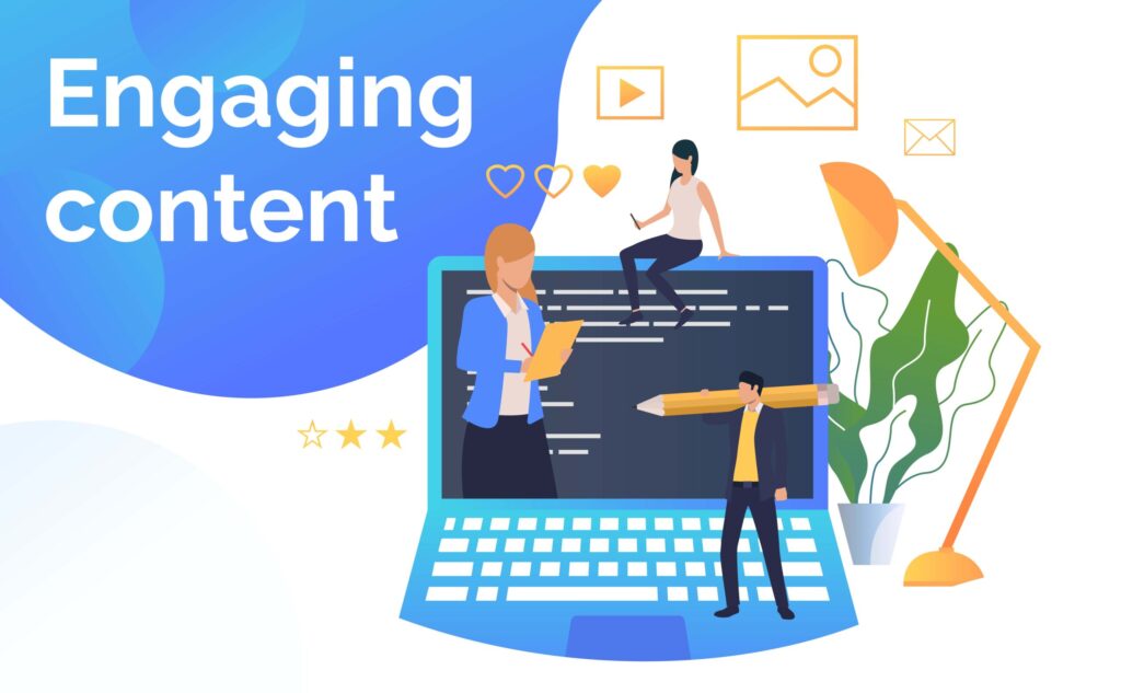 Business people creating engaging content. Laptop, message, marking. Business concept. Vector illustration for presentation slide, poster, new project