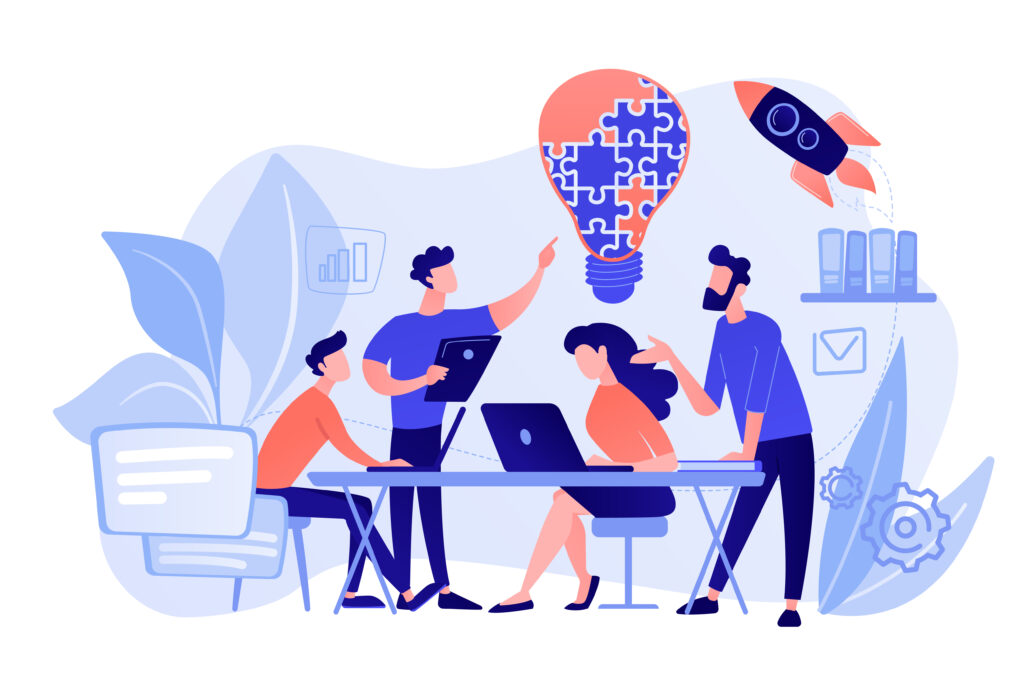 Business team brainstorm idea and lightbulb from jigsaw. Working team collaboration, enterprise cooperation, colleagues mutual assistance concept. Pinkish coral bluevector isolated illustration
